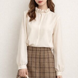 J. Peterman Rodin Ruffle‎ Blouse Size 14 Neutral Minimalist Twee Business Office